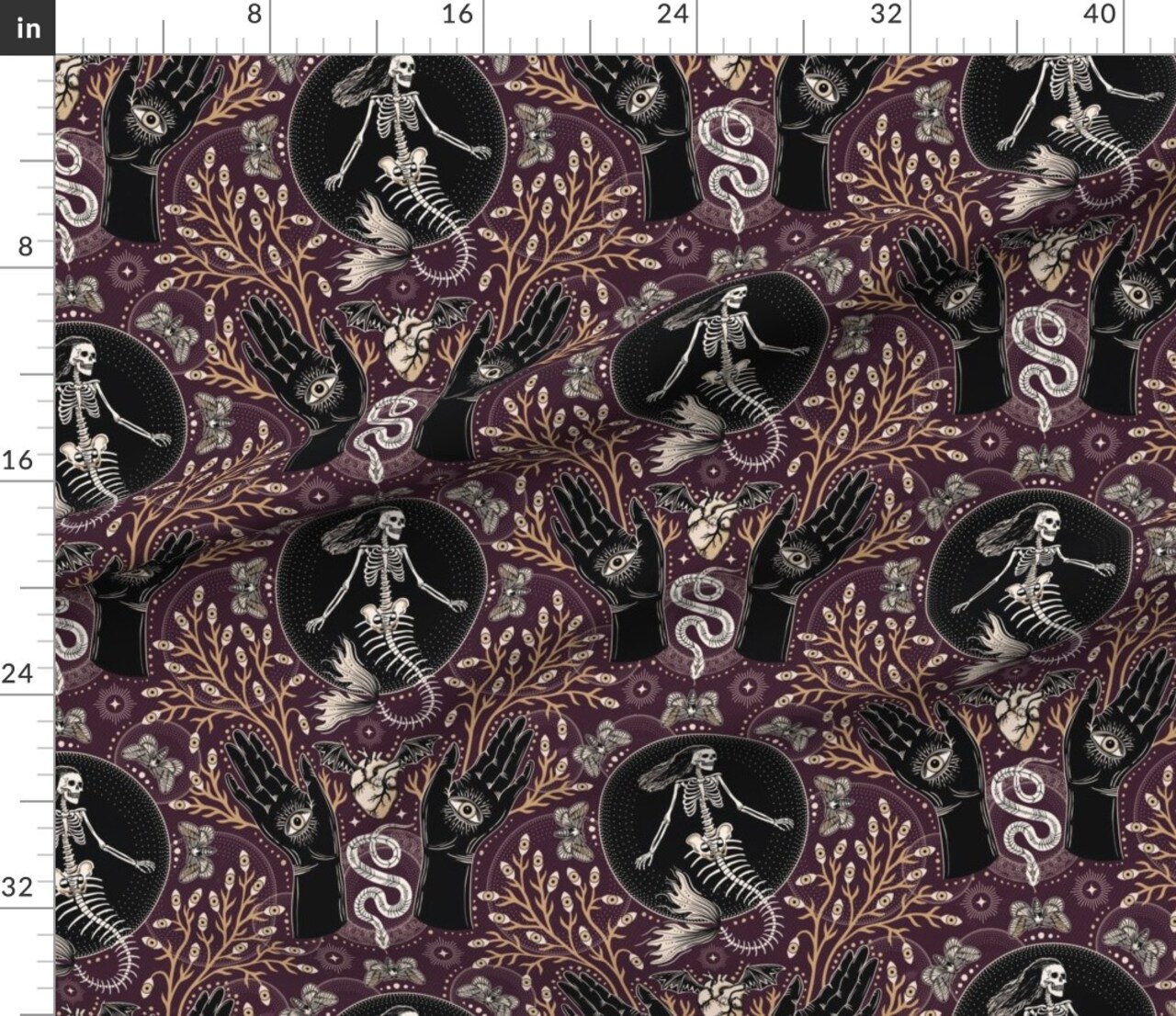 Various Fabrics by the Yard or Fat Quarter Mermaid Skeleton Spooky Hands Eyes Snake Scary Plants Moths Large Plum Purple Gothic Fantasy Custom Printed Fabric by Spoonflower